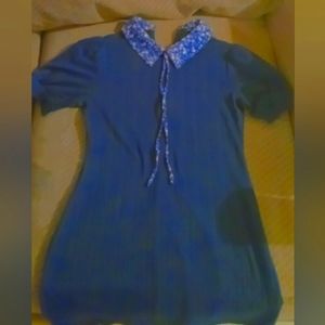 Dark Blue Chrocheted/Knitted Women's Dress with Puffy Sleeves and Floral Collar